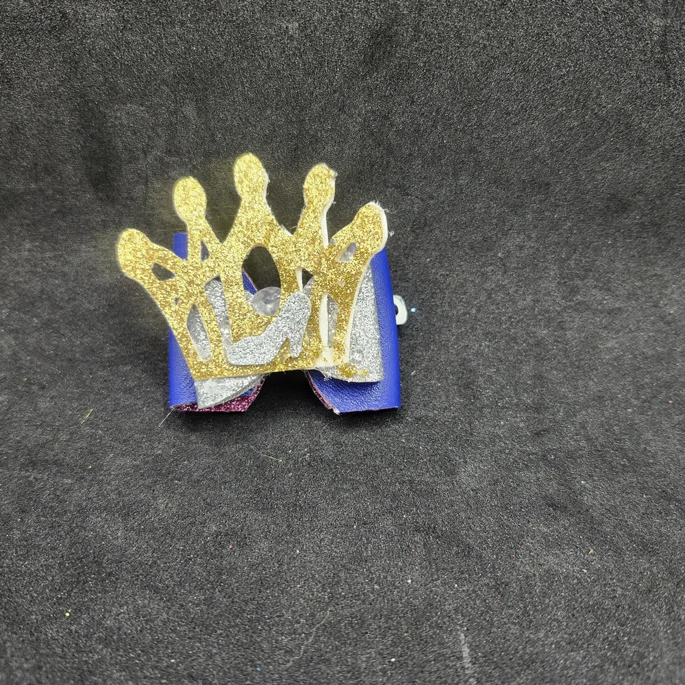 Hand Crafted Blue, Silver and Gold Crown Glitter  Hair Bow Barrette Clip